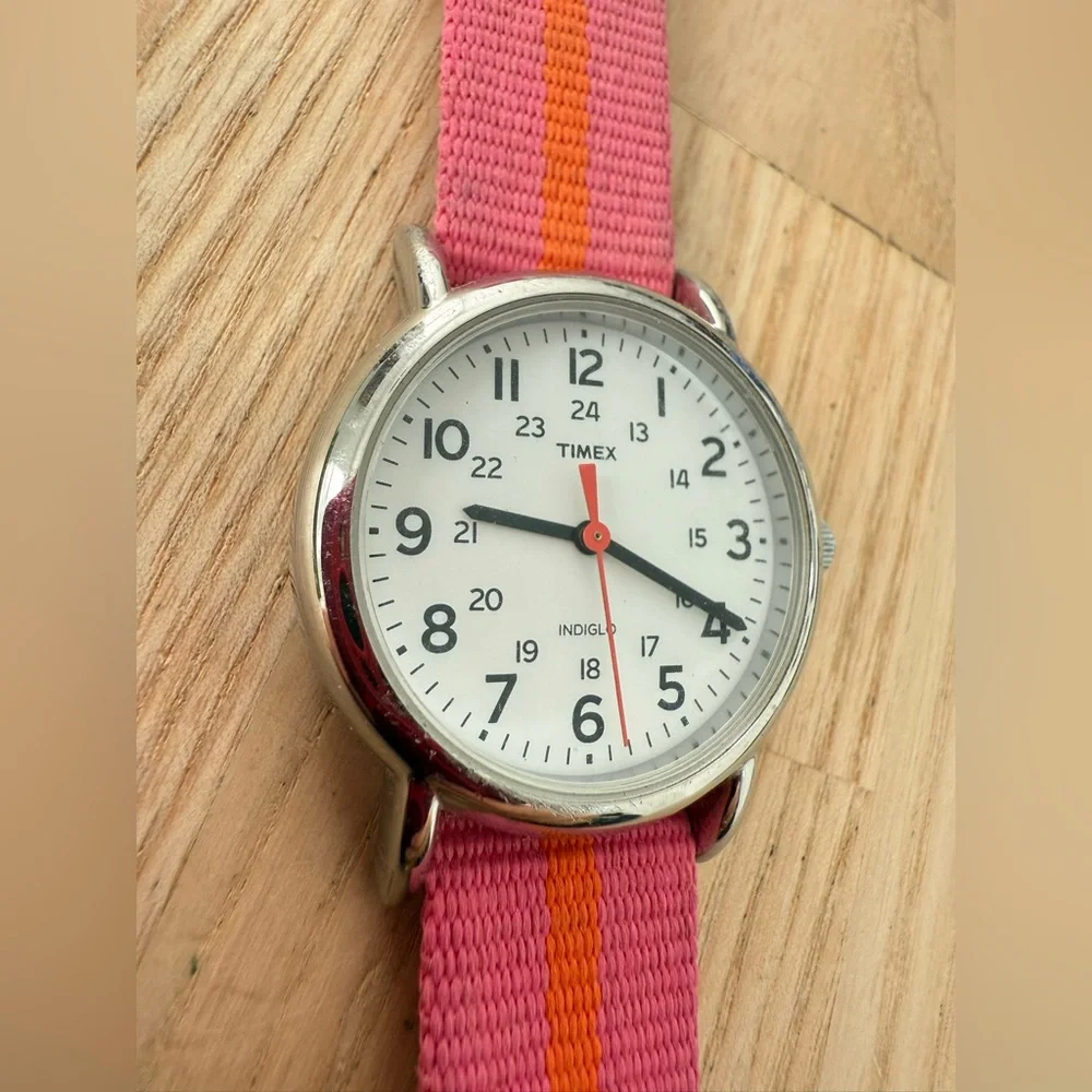 Timex weekender ladies pink and orange strap watch NEW BATTERY
